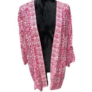 Susan Graver Women’s Top Kimono Open Front Pink White Lightweight Flowy Casual L